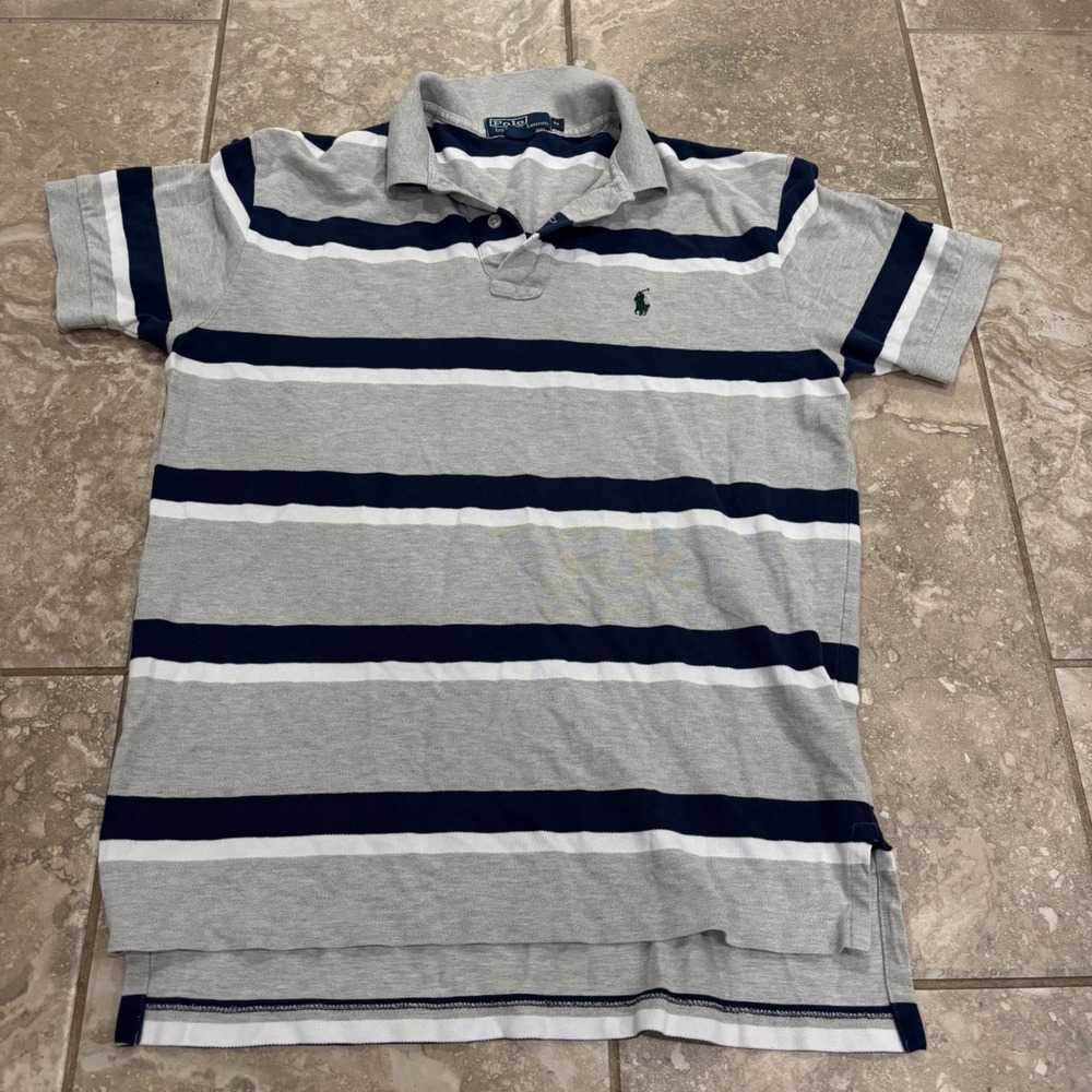 Polo Ralph Lauren Mens Medium Grey Navy Blue Striped Pique Short Sleeve Shirt